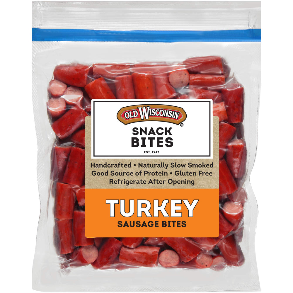 Old Wisconsin Turkey Snack Bites bag front showing bite-sized protein snack.