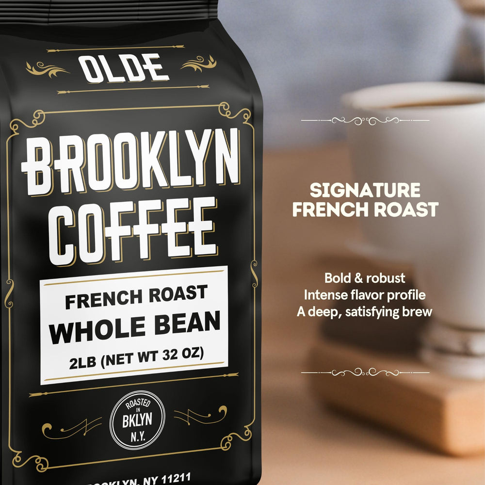 Olde Brooklyn Coffee French Dark Roast close-up emphasizes smoky notes and chocolate.