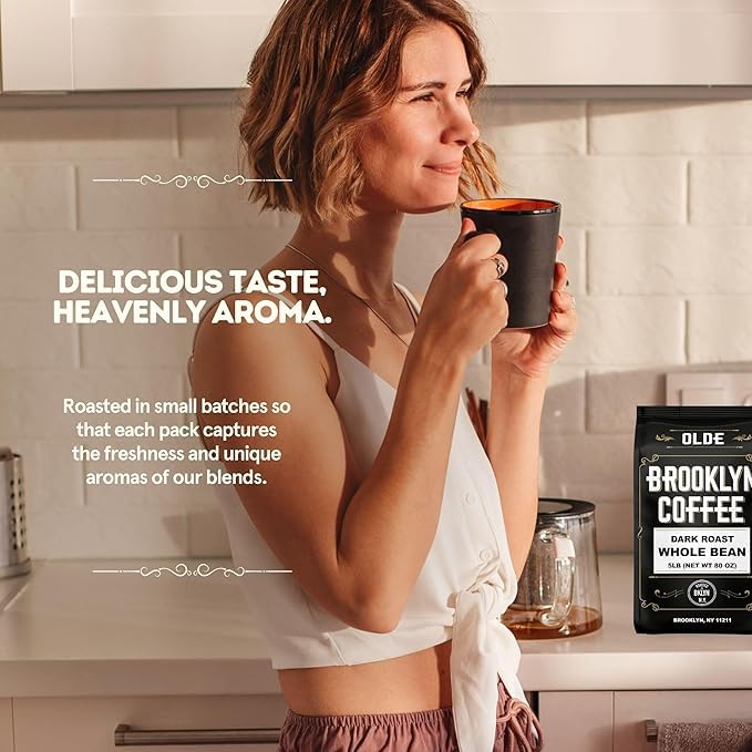 OLDE BROOKLYN COFFEE freshly ground beans for customizable brew strength.