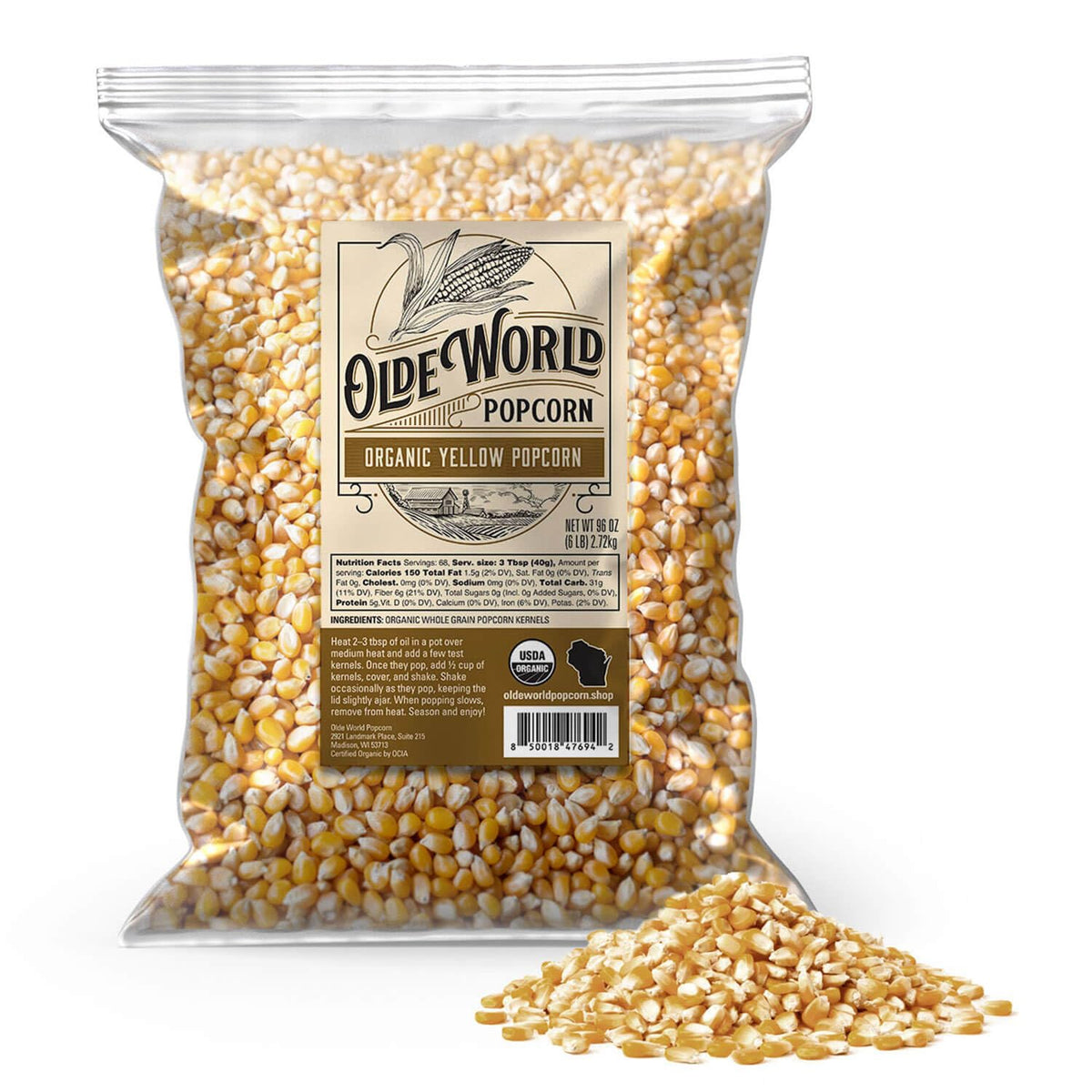 Olde World Popcorn organic yellow kernels in a 6 lb bag for home popping.