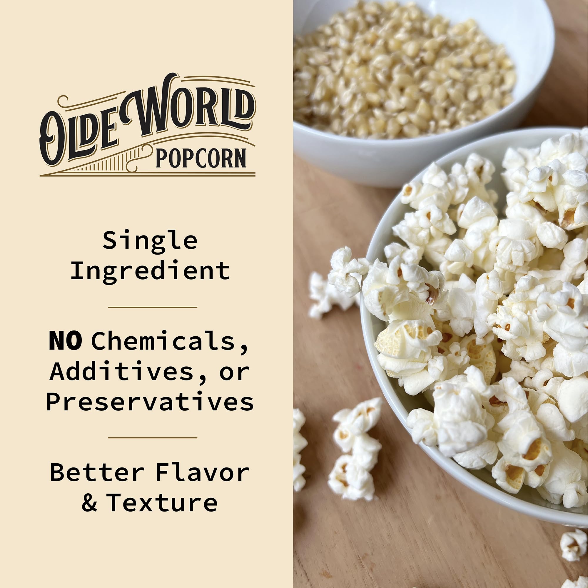 Olde World Popcorn unsalted kernels suitable for versatile seasoning.