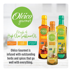 Oleico Gourmet Mediterranean-style safflower oil bottle with garlic and rosemary.