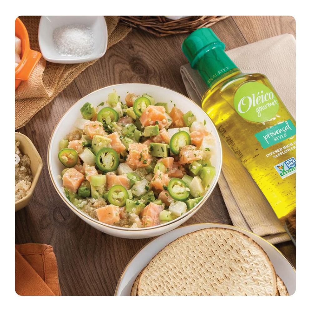 Oleico Gourmet pack of three safflower oil bottles on kitchen counter.