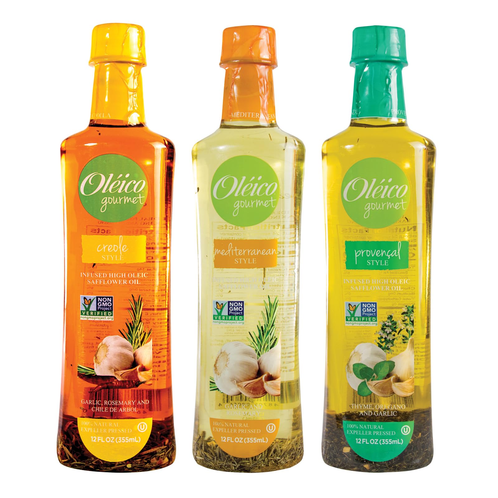 Oleico Gourmet Provencal-style safflower oil bottle with thyme and oregano for savory dishes.