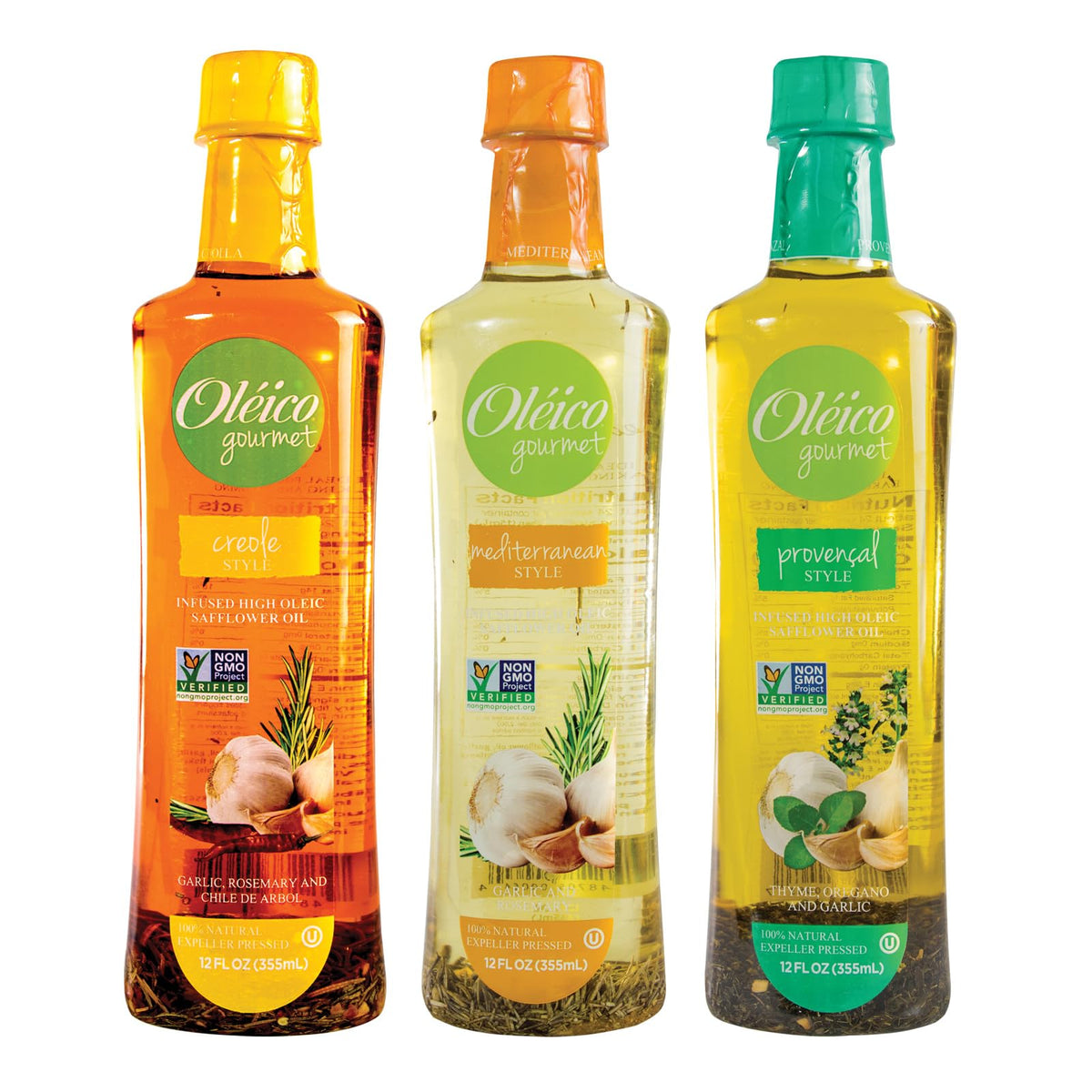 Oleico Gourmet Provencal-style safflower oil bottle with thyme and oregano for savory dishes.