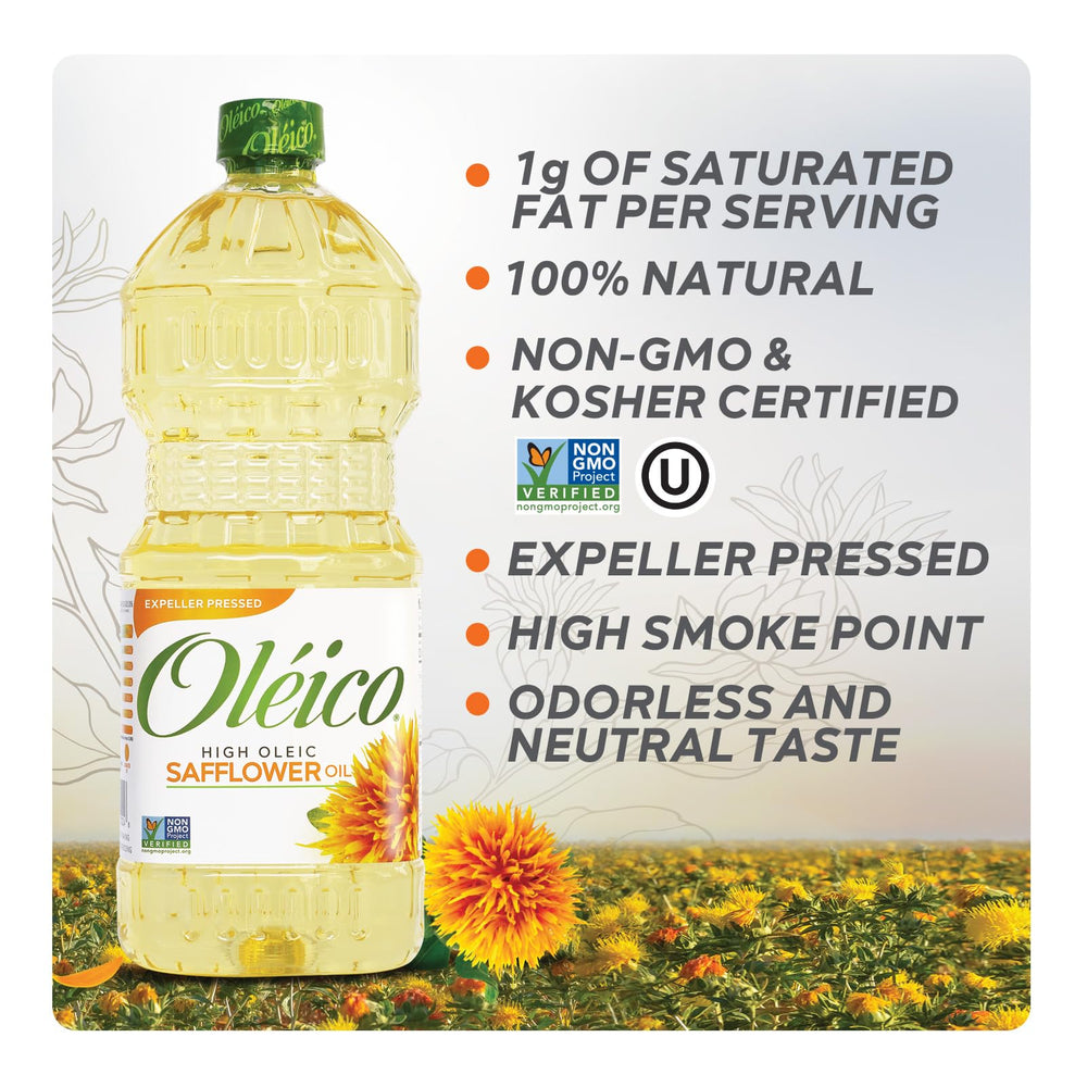 Oleico high oleic safflower oil bottle closeup emphasizes high-heat stability and purity