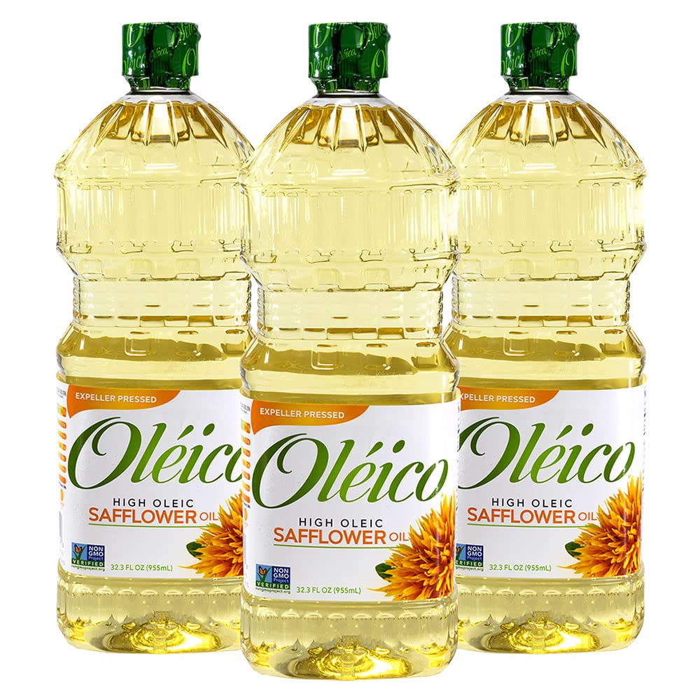 Oleico high oleic safflower oil bottle on shelf, ideal for high-heat cooking and dressings
