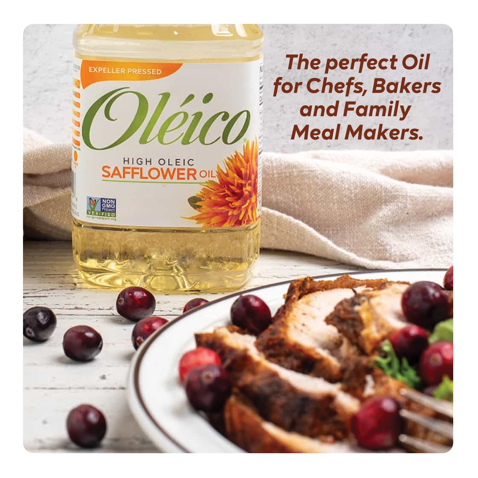 Oleico safflower oil drizzle on pan, finishing dishes and lighter emulsions