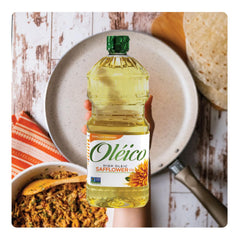 Oleico safflower oil label closeup highlights purity and odorless profile