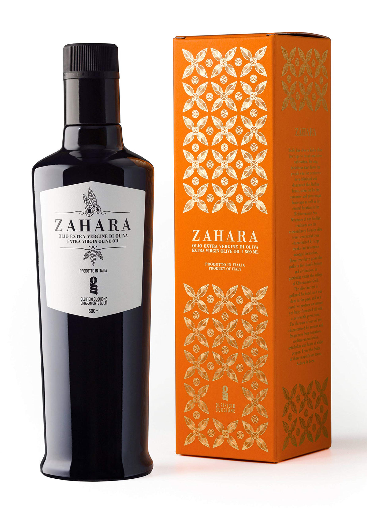 Oleificio Guccione Zahara EVOO bottle highlights premium Sicilian origin, ideal for finishing pasta and salads.