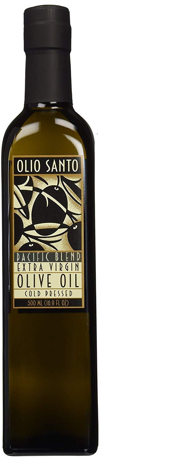 Olio Santo California olive oil bottle front, ready for cooking.