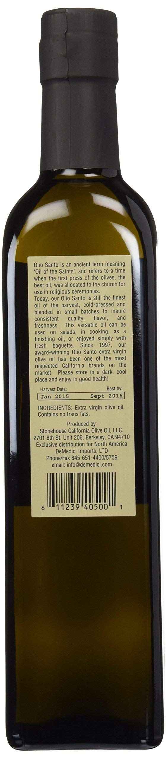 Olio Santo label closeup shows premium cold-pressed quality.
