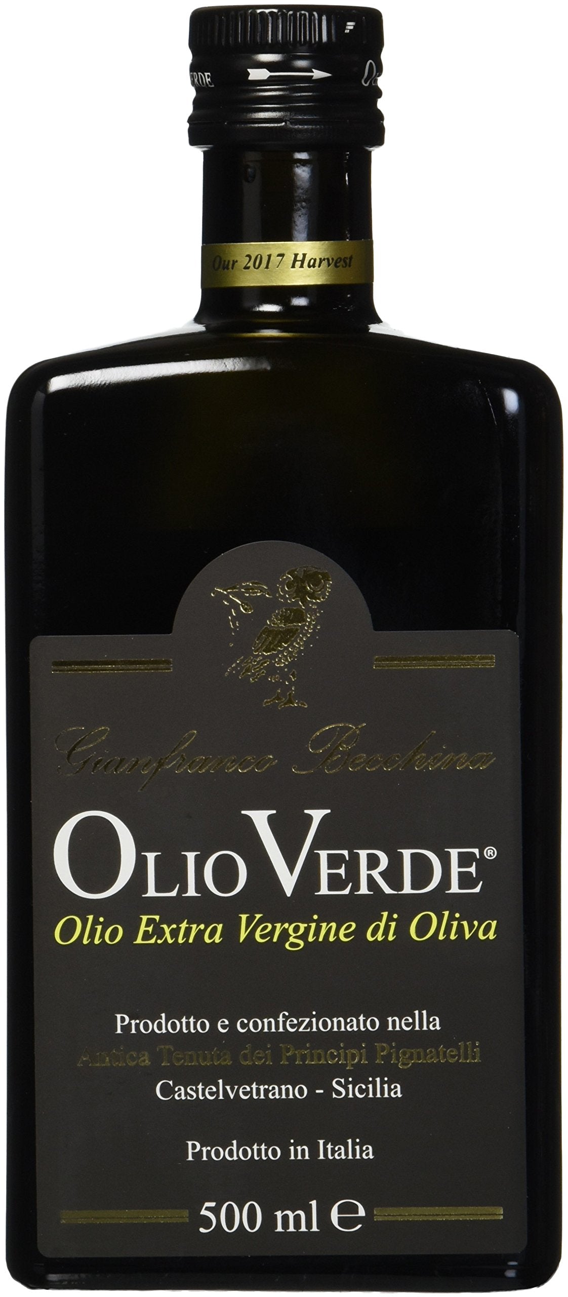 Olio Verde bottle pour showing smooth, versatile extra virgin olive oil for dressings.