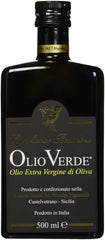 Olio Verde bottle pour showing smooth, versatile extra virgin olive oil for dressings.