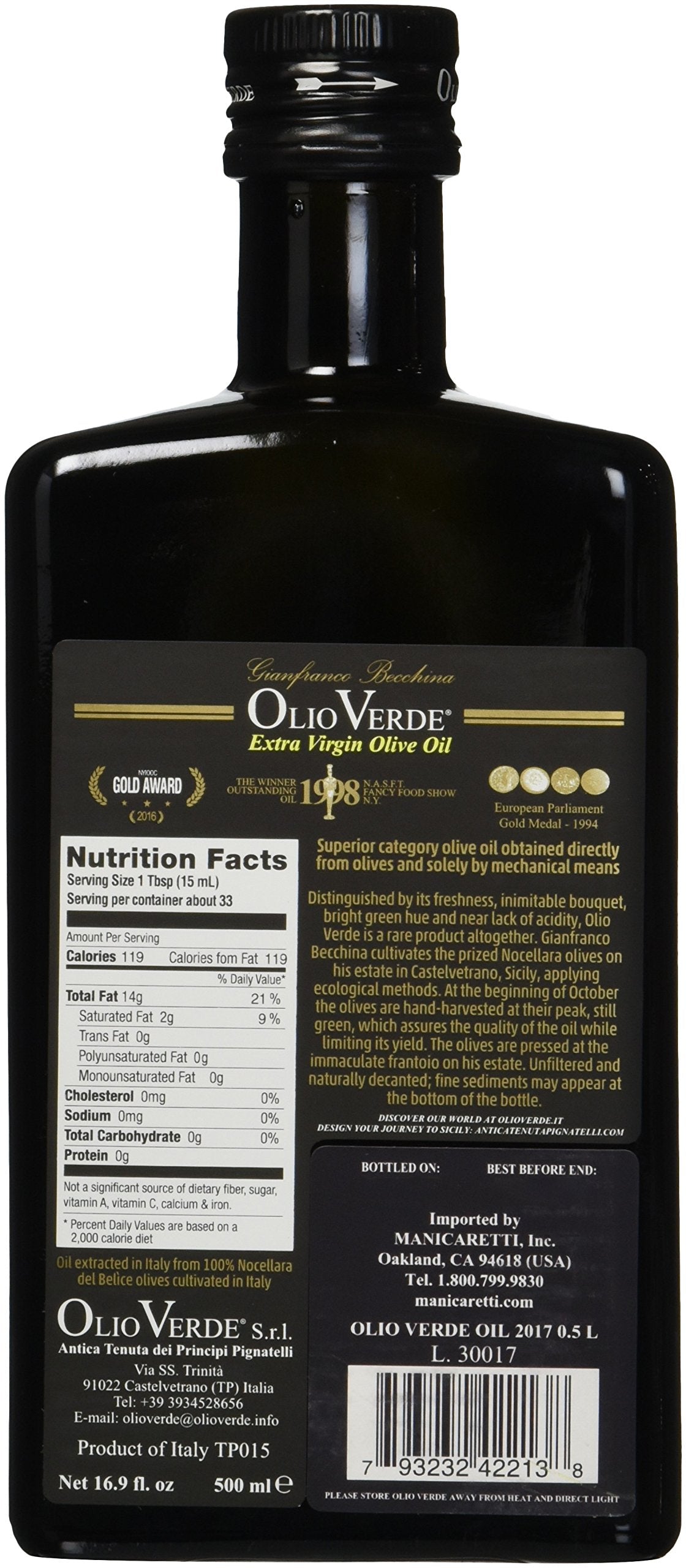 Olio Verde label close-up highlights DOP Nocellara del Belice olives.