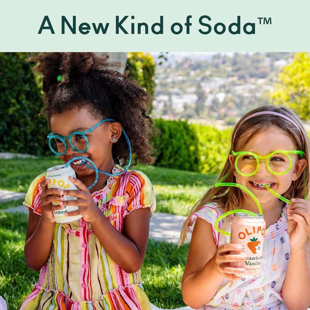 OLIPOP bottle pouring into a glass for refreshing prebiotic soda experience