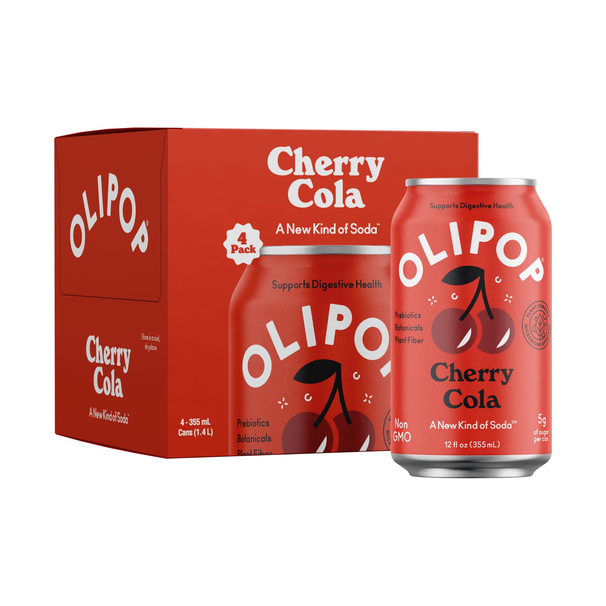 OLIPOP Cherry Cola can close-up showing fiber-rich, refreshing prebiotic soda for digestive wellness.