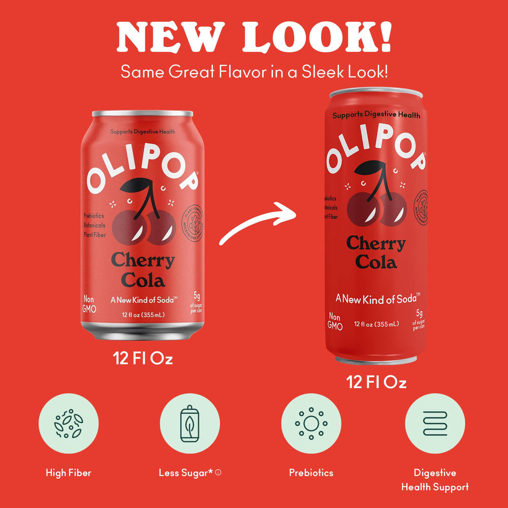 Chilled OLIPOP Cherry Cola in a glass with ice