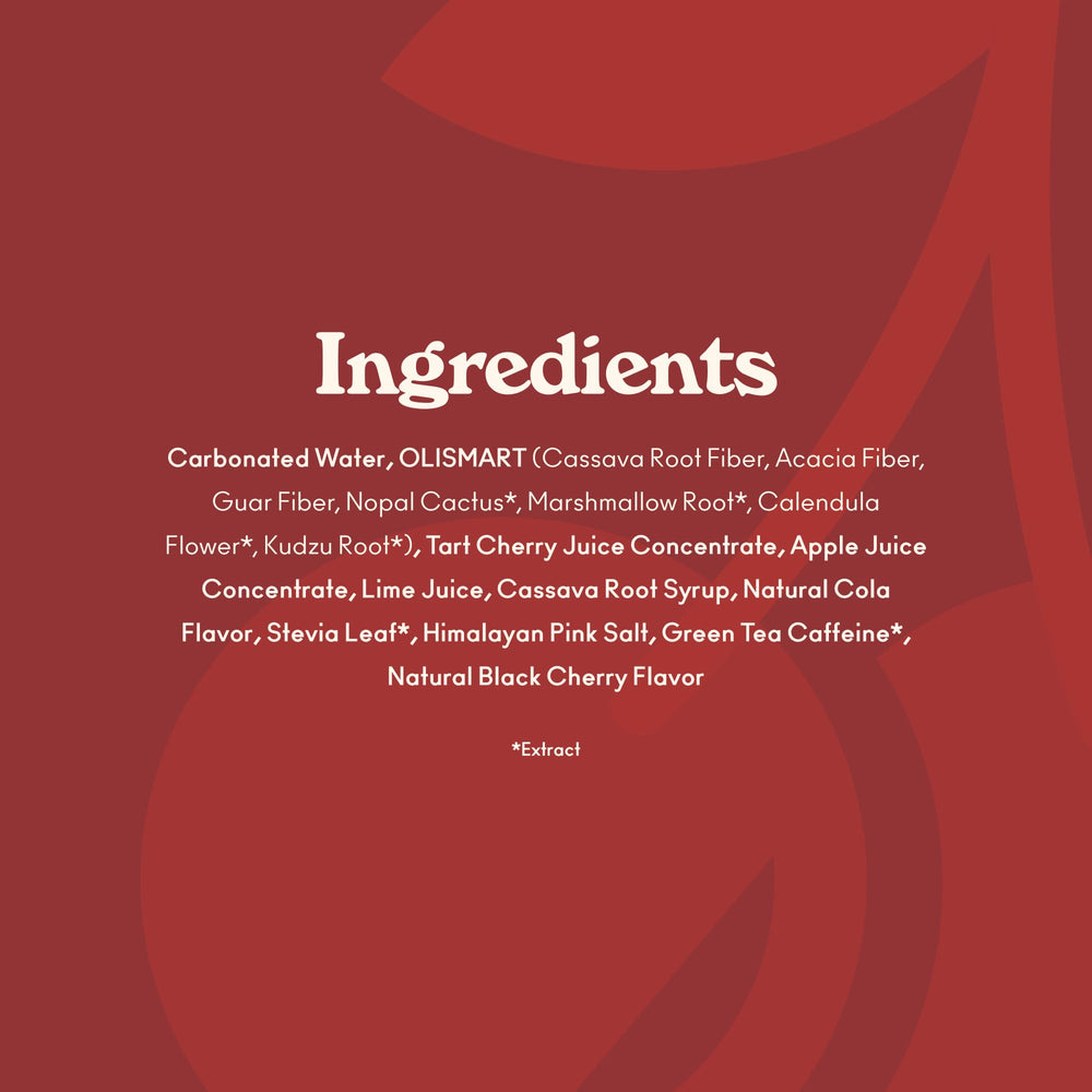 OLIPOP Cherry Cola ingredients panel highlighting prebiotics and plant fiber.