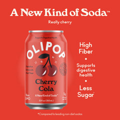 OLIPOP Cherry Cola pack shot displaying four cans for on-the-go enjoyment.