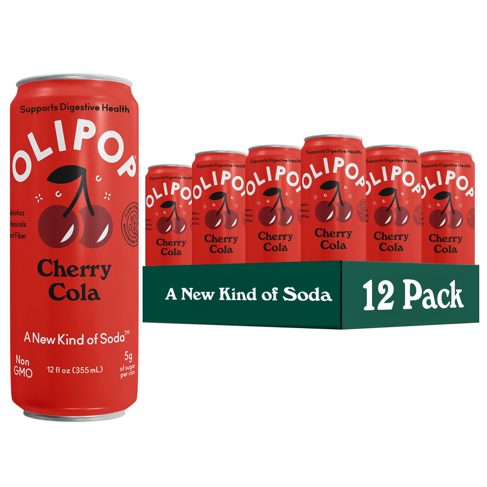 OLIPOP Cherry Cola 12-pack on pantry shelf highlighting prebiotic fiber
