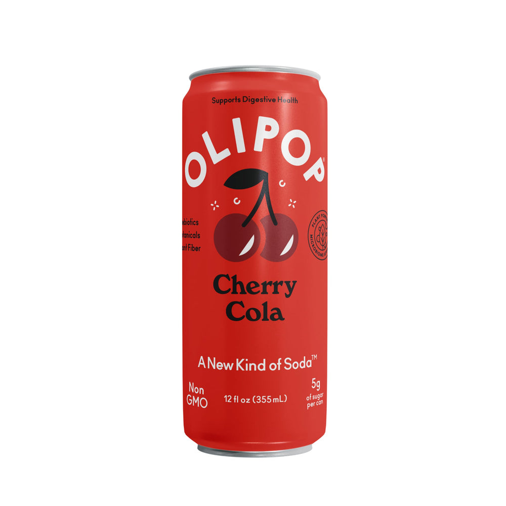 Stacked OLIPOP Cherry Cola cans ready for pantry storage