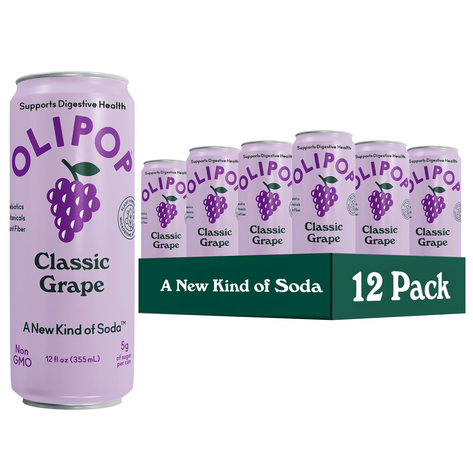 OLIPOP Classic Grape can front view highlights refreshing, gut-friendly sip.