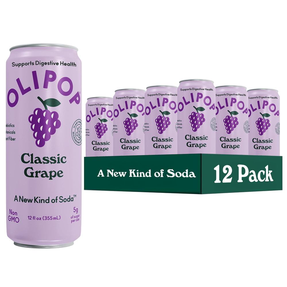 OLIPOP Classic Grape can front view highlights refreshing, gut-friendly sip.