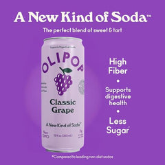 OLIPOP Classic Grape can side view shows fiber and prebiotics for digestive wellness.