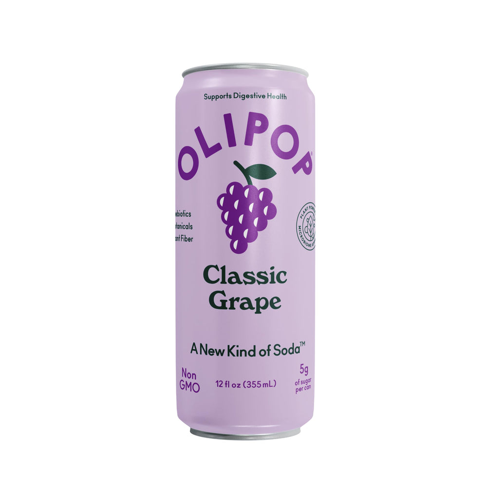 OLIPOP Classic Grape ingredients panel highlights fiber and botanicals for a refreshing sip.