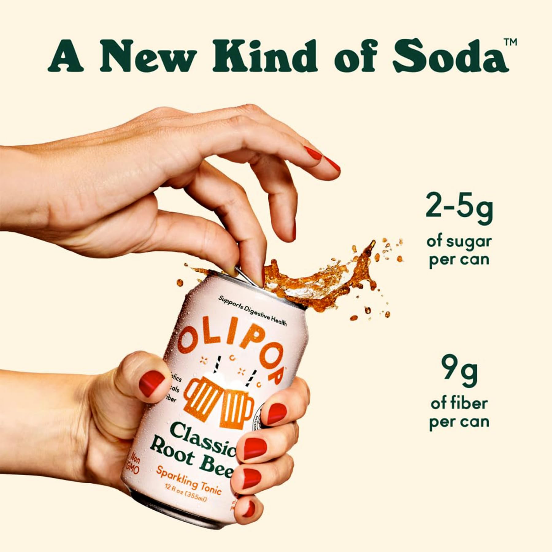 OLIPOP Classic Grape soda being poured highlights fruity aroma.