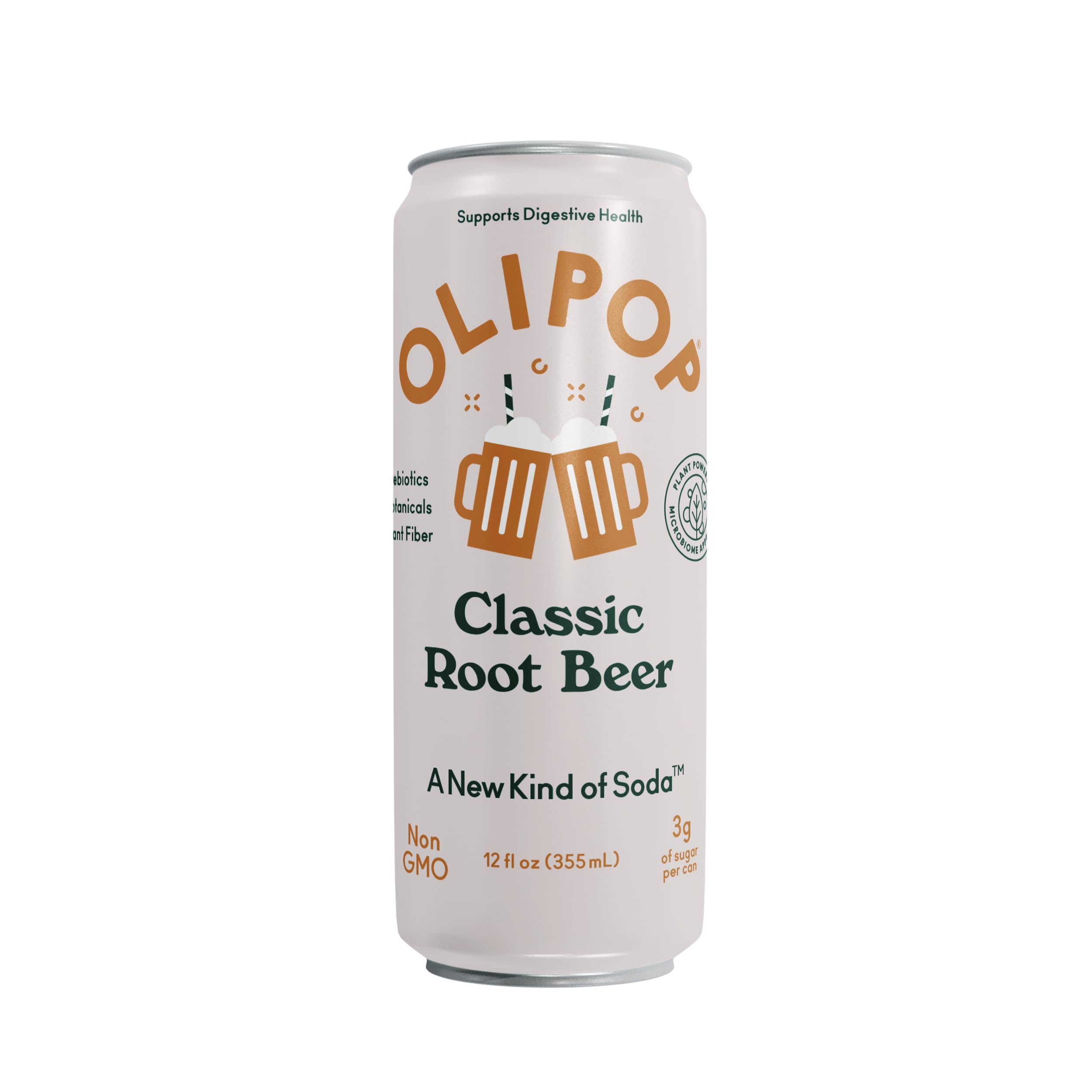 OLIPOP Classic Root Beer ingredients label shows prebiotics and fiber.