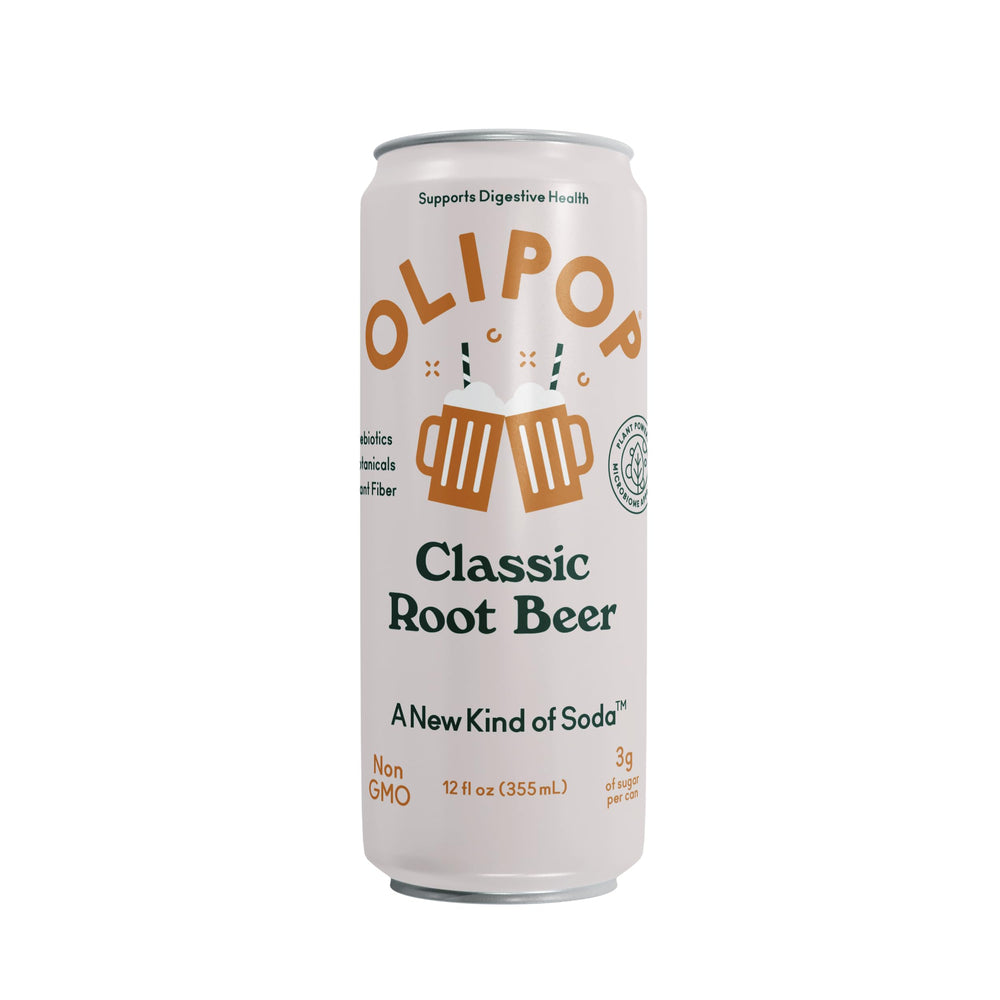 OLIPOP Classic Root Beer ingredients label shows prebiotics and fiber.