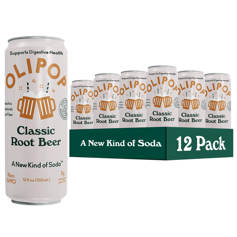 OLIPOP Classic Root Beer pantry pack cans ready to stock for easy, flavorful hydration.