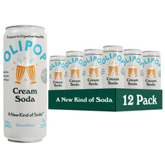 OLIPOP Cream Soda pantry pack with 12 cans highlighting gut-friendly ingredients.