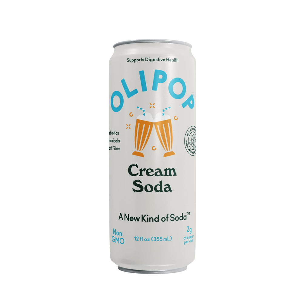OLIPOP Cream Soda store shelf display for easy grabbing 12-pack.