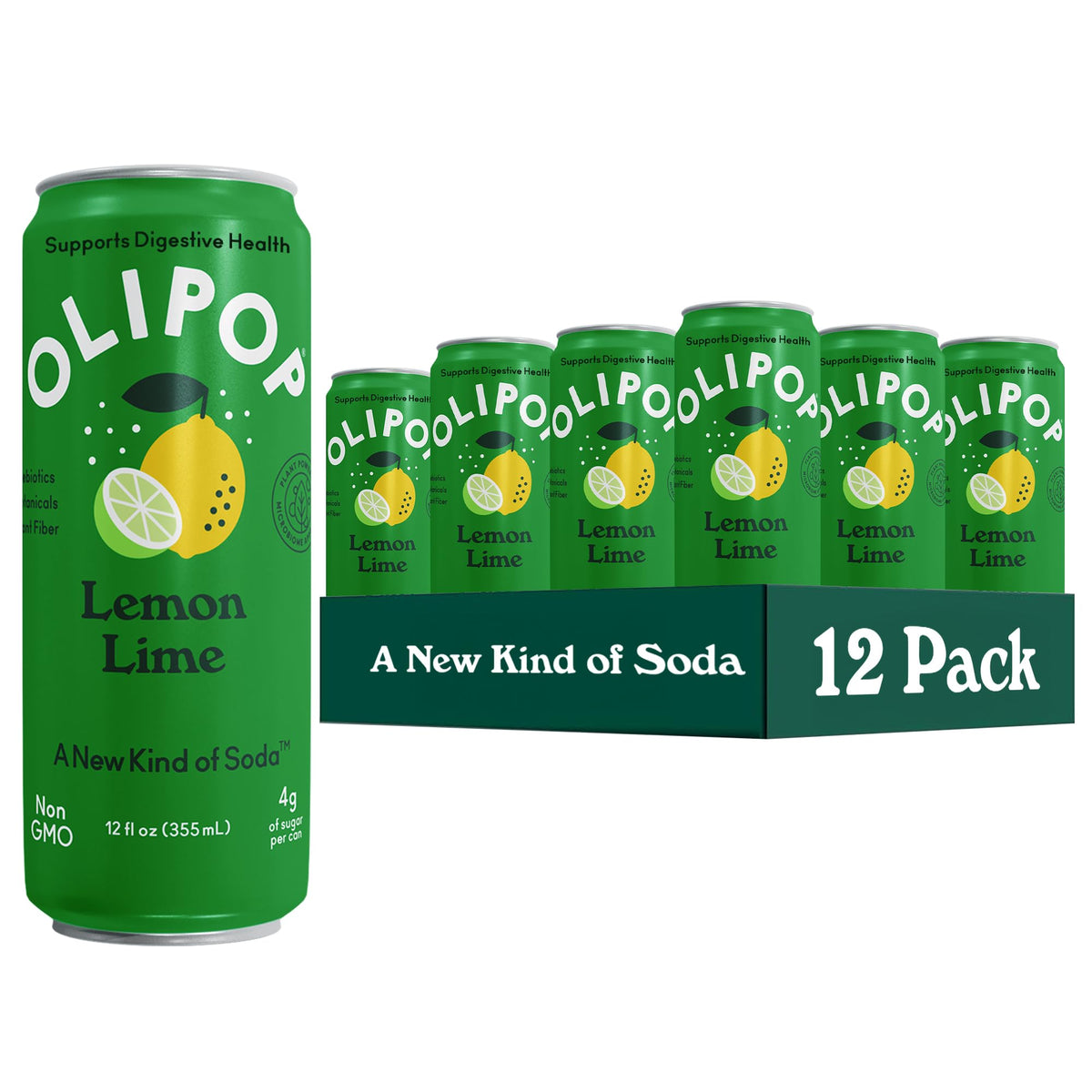 OLIPOP Lemon Lime can closeup highlighting prebiotic soda benefits and design.