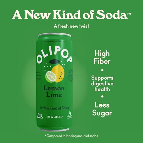 OLIPOP Lemon Lime can side view showing sleek 12-ounce can on bright backdrop.