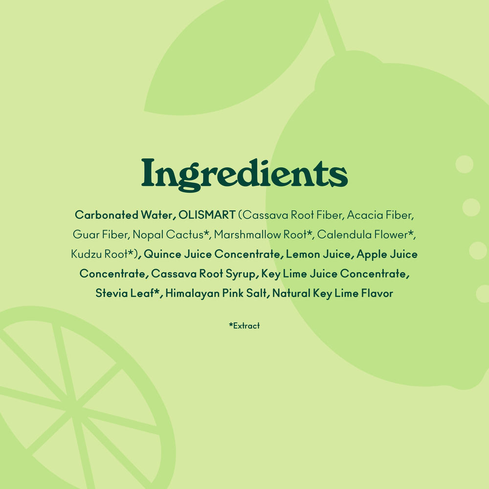 OLIPOP Lemon Lime fiber content graphic shows 2–5g sugar per can