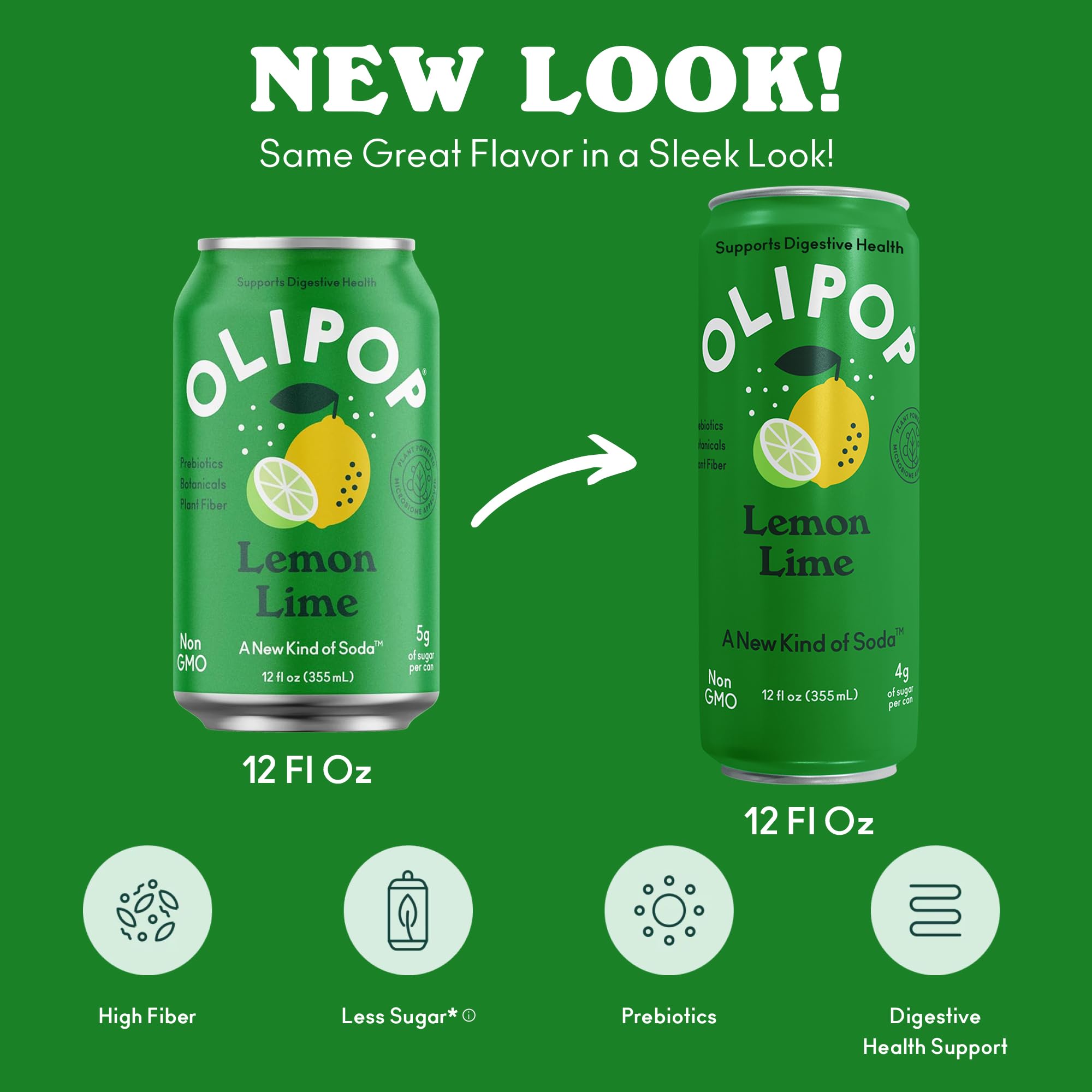 OLIPOP Lemon Lime glass with can display vibrant color and fiber-forward formula.