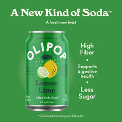 OLIPOP Lemon Lime label close-up highlights fiber and botanicals for digestive wellness