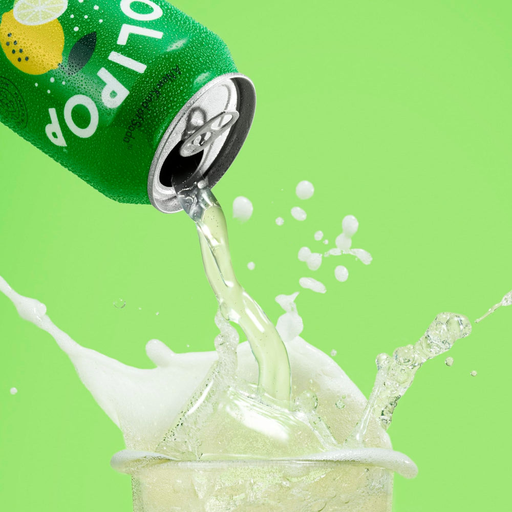 OLIPOP Lemon Lime on a pantry shelf indicating easy cool, dry storage