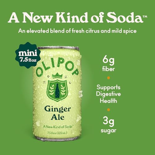 OLIPOP Minis prebiotic soda fiber boost image highlights 2–5 g sugar per can.