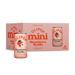 OLIPOP Minis Strawberry Vanilla cans on a table, highlighting fruity flavor and fiber support.