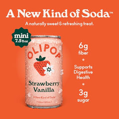 Closeup of OLIPOP Minis can label showing gluten-free and non-GMO badges.