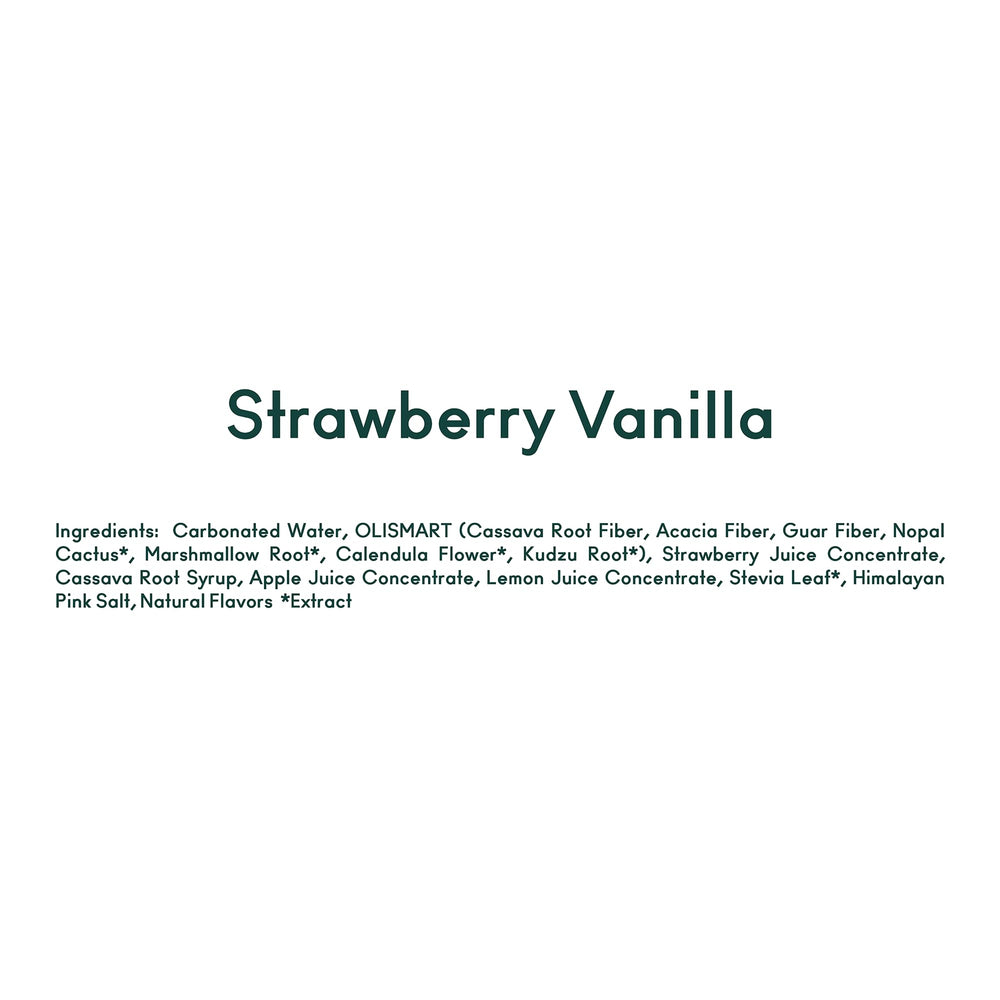 Six-pack packaging of OLIPOP Minis Strawberry Vanilla for pantry storage.
