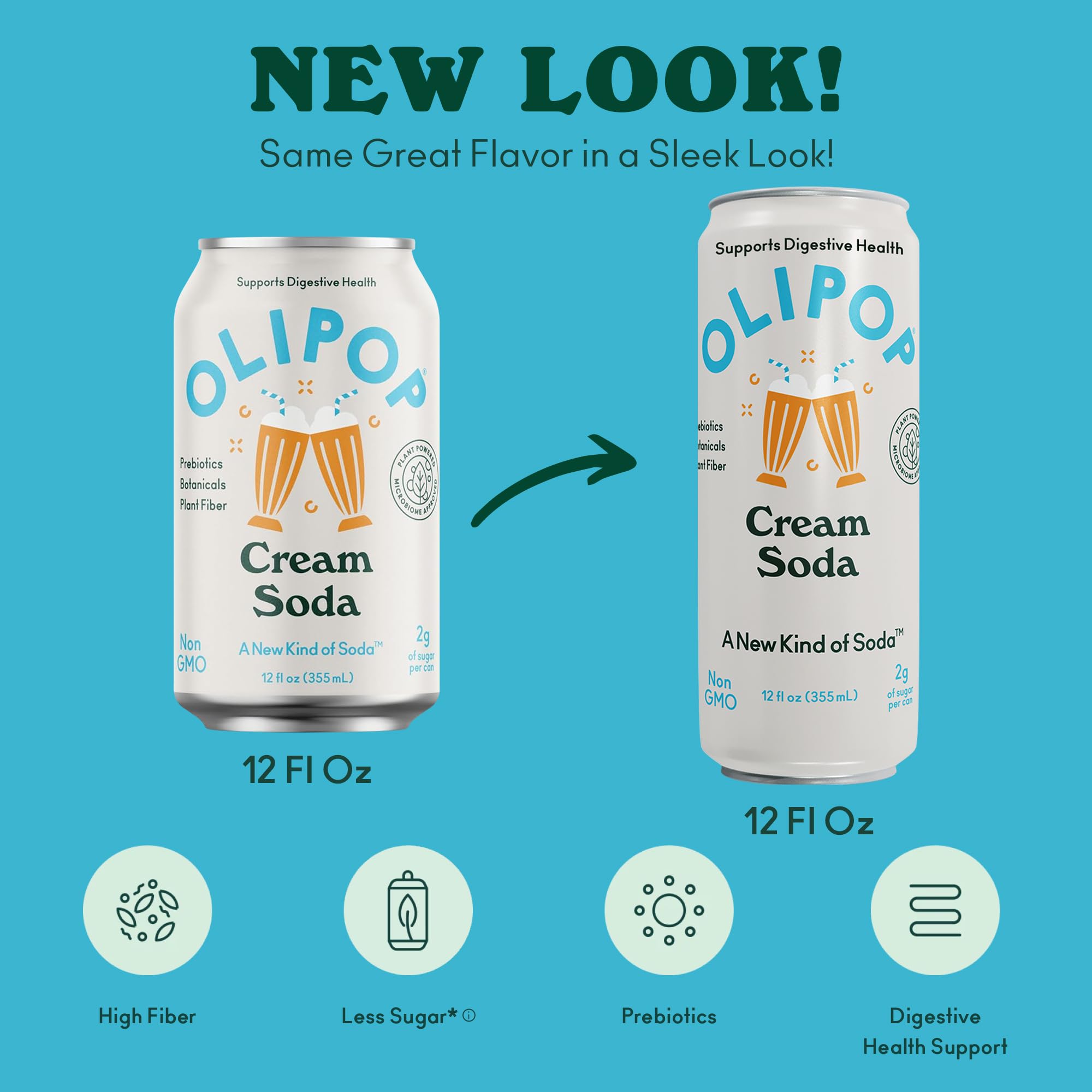 OLIPOP Prebiotic Soda fiber and botanicals visual signaling plant-based ingredients.