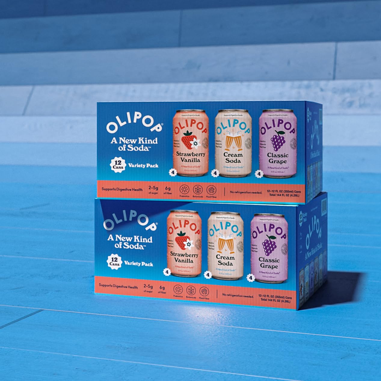 OLIPOP in refrigerator display, gluten- and GMO-free option ready to grab.