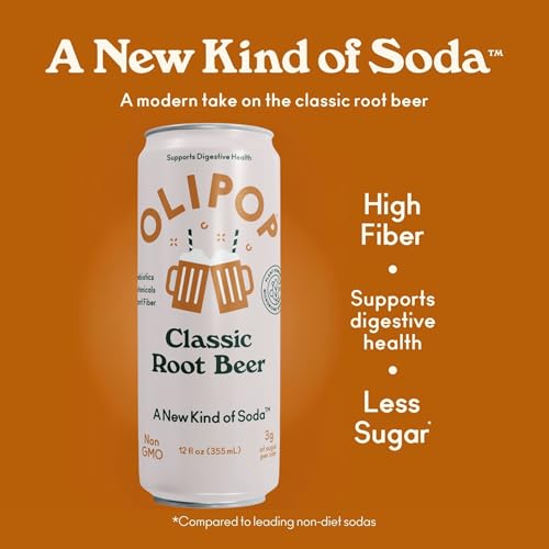 OLIPOP Root Beer can side view shows a slim 12oz can for easy on-the-go sipping.