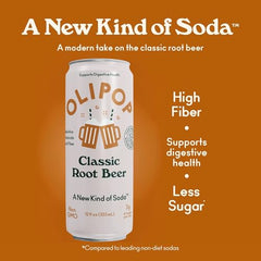 OLIPOP Root Beer can side view shows a slim 12oz can for easy on-the-go sipping.